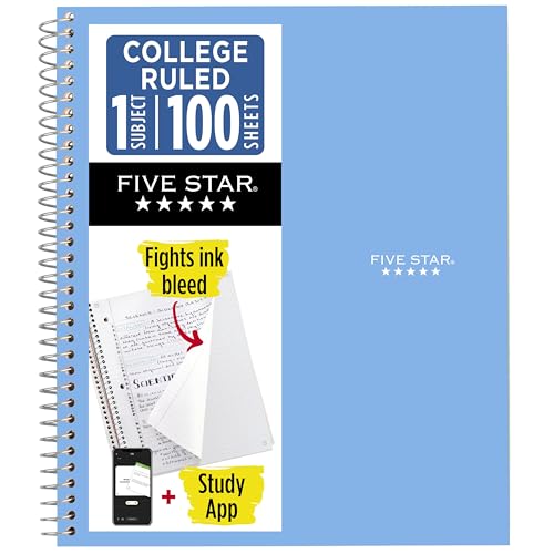 Five Star Spiral Notebook + Study App, 1 Subject, College Ruled Paper, 8-1/2" x 11", 100 Sheets, Fights Ink Bleed, Water Resistant Cover, Pacific Blue (72565)