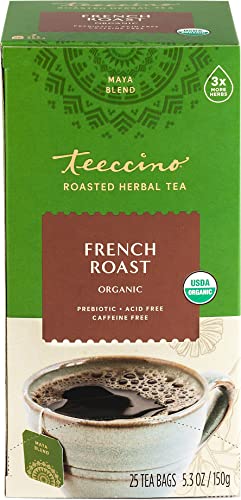 Teeccino French Roast Herbal Tea - Rich & Roasted Herbal Tea That’s Caffeine Free & Prebiotic for Natural Energy, Coffee Alternative, 25 Tea Bags