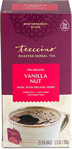 Teeccino Vanilla Nut Herbal Tea, 25 Tea Bags - Rich & Roasted Herbal Tea That’s Caffeine Free & Prebiotic for Natural Energy, 3X more Herbs, Acid Free, Great Hot or Iced