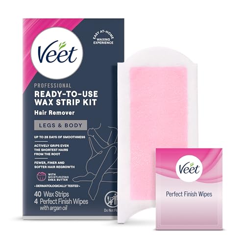 VEET Sugar Wax Strips For Women's Body Hair Removal, Bikini Hair Removal Kit, Pubic, Dermatologically Tested For Body & Intimate Areas, 40ct Wax Strips with Shea Butter & 4ct Wipes