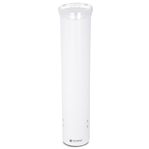 San Jamar Small Pull-Type Cup Dispenser Fits 3-4.5 Oz Cone Cups, 3-5 Oz Flat Cups with Flip Caps for Restaurants, Dining Halls, and Fast Food, Plastic, 16 Inches, White