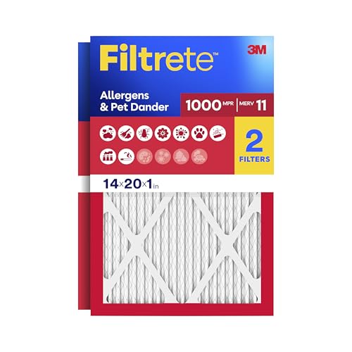 Filtrete 14x20x1 AC Furnace Air Filter, MERV 11, MPR 1000, Micro Allergen Defense, 3-Month Pleated 1-Inch Electrostatic Air Cleaning Filter, 2 Pack (Actual Size 13.781 x 19.781 x 0.84 in)
