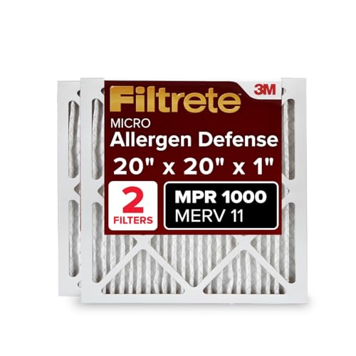 Filtrete 20x20x1 AC Furnace Air Filter, MERV 11, MPR 1000, Micro Allergen Defense, 3-Month Pleated 1-Inch Electrostatic Air Cleaning Filter, 2 Pack (Actual Size 19.719 x 19.719 x 0.84 in)