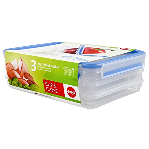 🔥 STARKER PREIS (-37%) EMSA Clip & Close Frischhaltedosen-Set, rechteckig, 3 x 1 L, Aufschnittboxsystem mit Deckel, Aufbewahrungsboxen, 100 Prozent dicht, spülmaschinen-, gefrier-, mikrowellenfest, Transparent, Blau, 508556