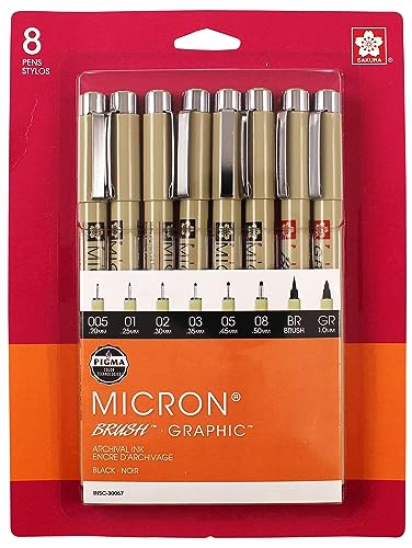 SAKURA Pigma Micron Fineliner Pens - Archival Black Ink Pens - for Writing or Drawing for Artists, Crafters & DIY Gifts Projects - Assorted Point Sizes - 8 Count