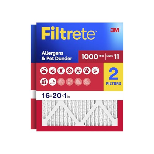 Filtrete 16x20x1 AC Furnace Air Filter, MERV 11, MPR 1000, Micro Allergen Defense, 3-Month Pleated 1-Inch Electrostatic Air Cleaning Filter, 2 Pack (Actual Size 15.719 x19.719x0.84 in)