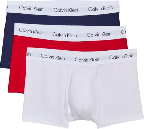 (-41%) Calvin Klein Herren Boxershorts Low Rise TRUNK, 3er Pack U2664G, Ohne Eingriff, Mehrfarbig ( Mehrfarbig (998 White, Red Ginger, Pyro Blue) ) - Small