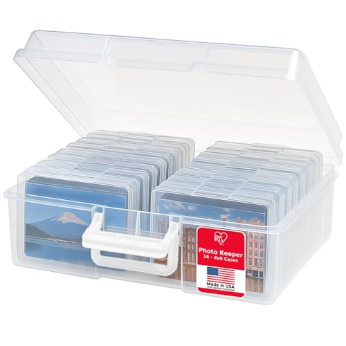 IRIS USA 4" x 6" Photo Storage Box Craft Keeper, Transparent Handle Container with 16 Organization Holder Cases for Pictures, Tasks, Scrapbooking, Stationery Storage, Clear