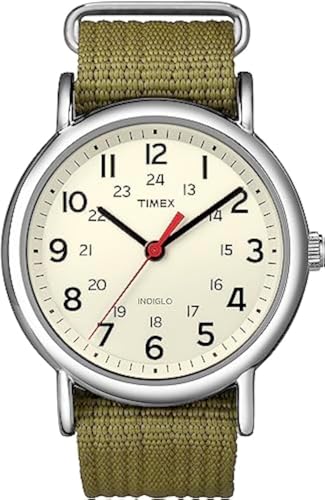 Timex Unisex Weekender 38mm Watch – Silver-Tone Case Cream Dial with Olive Fabric Slip-Thru Strap