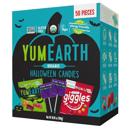 YumEarth Organic Halloween Variety Box - Allergy Friendly (Top 9 Free), No Artificial Dyes or Flavors, Non GMO, Gluten Free, Vegan Candy Snacks, Individually Wrapped (Pack of 50)