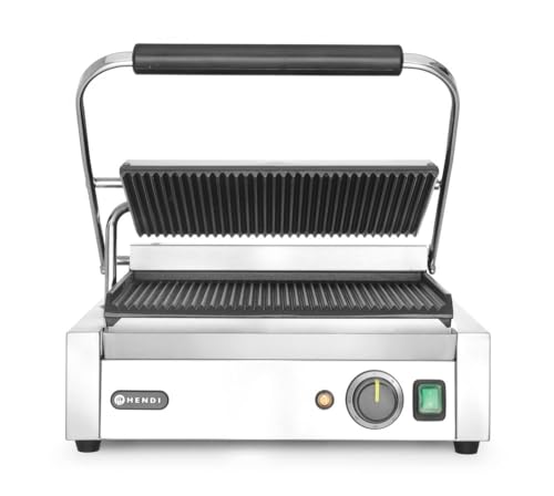 (-26%) HENDI Kontaktgrill, Panini, gerillte Ausführung, inkl. Grillreinigungsbürste, Temperatur bis 300°C regelbar, Grillfläche 340x235mm, Elektrogrill, 230V/2200W, 430x375x(H)216mm, Edelstahl