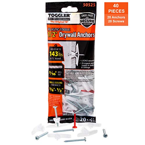 TOGGLER Toggle TB Residential Drywall Anchor with Screws, Polypropylene, Made in US, 3/8" to 1/2" Grip Range, For #6 to #14 Fastener Sizes (Pack of 20)