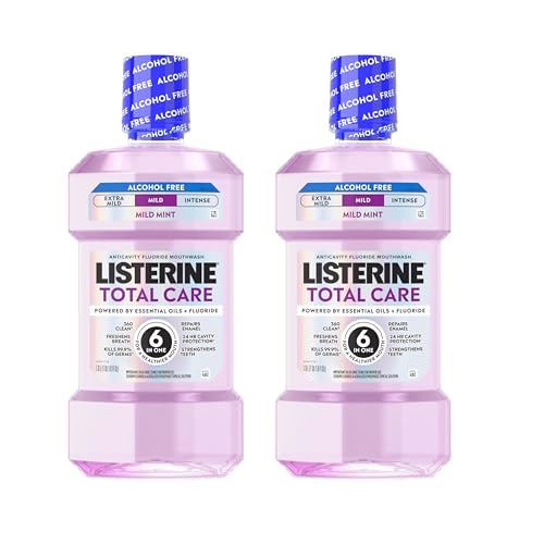 Listerine Total Care Alcohol-Free Anticavity Mouthwash, 6 Benefit Fluoride Mouthwash for Bad Breath and Enamel Strength, Fresh Mint Flavor, Twin Convenience Pack, 2 x 1 L