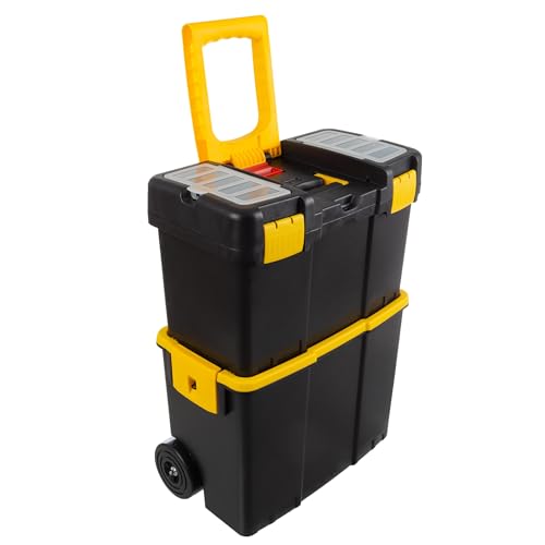 Portable Tool Box with Wheels - Stackable 2-in-1 Tool Chest with Fold-Down Comfort Handles, Tough Latches, and Removable