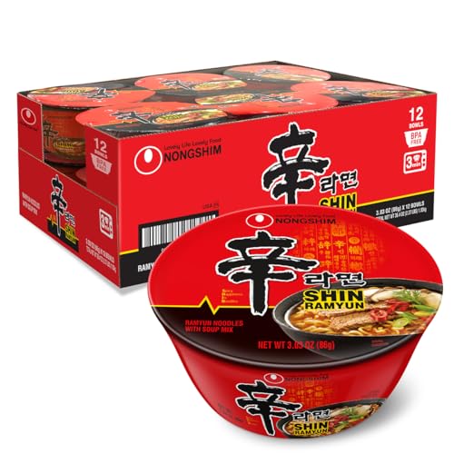 Nongshim Ramen Noodles, Gourmet Instant Ramen bowl, Premium Microwavable Noodle Soup, Spicy Shin, 3.03 Ounce (Pack of 12)
