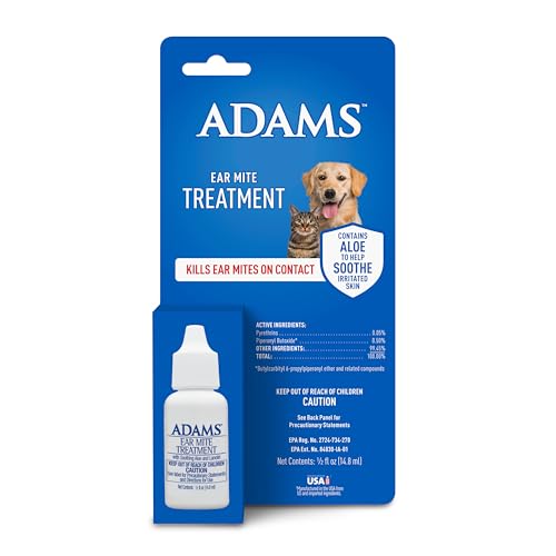 Adams Ear Mite Treatment for Dogs and Cats Over 12 Weeks, Kills Ear Mites On Contact, Relief for Dogs and Cats Suffering from Ear Mites, Soothing Aloe and Lanolin Formula 0.5 Fl Oz