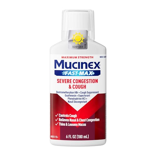 Mucinex Fast-Max Severe Congestion & Cough Medicine, Maximum Strength Symptom Relief, Over-The-Counter Medication, Cold Medicine, Cough Suppressant, Expectorant, Nasal Decongestant, 6 Fl Oz