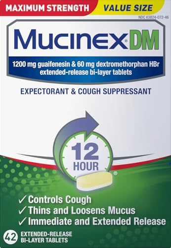 Mucinex DM 12Hr Maximum Strength Chest Congestion & Cough Medicine, 1200 mg Guaifenesin & 60 mg Dextromethorphan HBr, 42 Bi-Layer Tablets