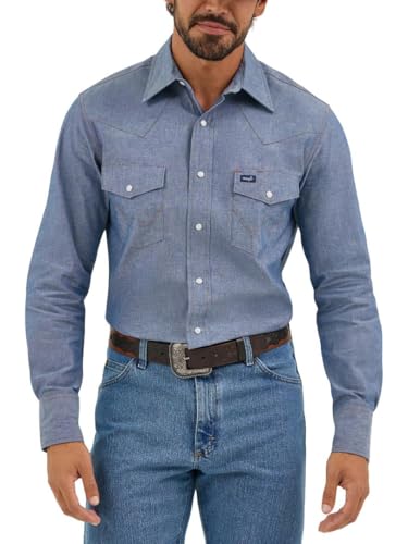 🔥 STARKER PREIS (-29%) Wrangler Herren Cowboy-Schnitt Western Langarm Snap Work Shirt Firm Finish, Medium Blue Chambray, 19" Neck 35" Sleeve