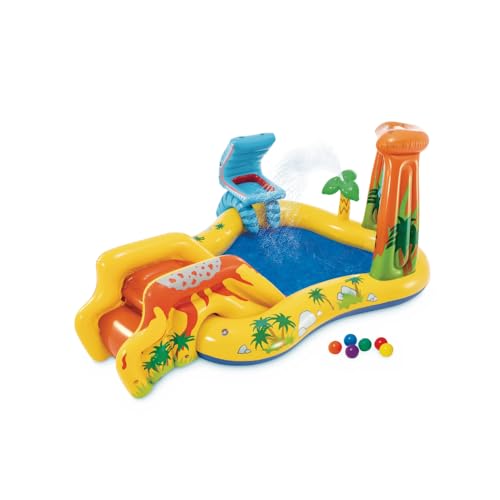 Intex Inflatable Dinosaur Play Center Outdoor Playhouse Inflatable Water Park with Kid Pool Slide, Water Sprayer, Waterfall, and 6 Balls, Multicolor