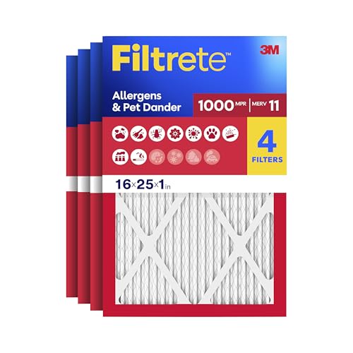 Filtrete 16x25x1 AC Furnace Air Filter, MERV 11, MPR 1000, Micro Allergen Defense, 3-Month Pleated 1-Inch Electrostatic Air Cleaning Filter, 4 Pack (Actual Size 15.69 x 24.69 x 0.81 in)