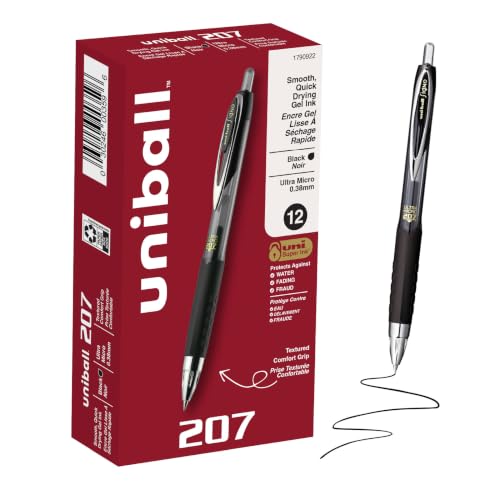 uni-ball Signo 207 Retractable Gel Pens, Ultra-Micro Point, Black Ink, 12 Count (Pack of 1) (1790922) , Packaging may vary