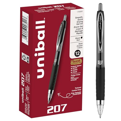 uni-ball 207 Retractable Gel Pens Bold Point, 1mm, Black, 12 Pack