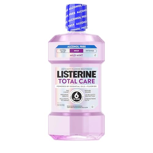 Listerine Total Care Alcohol-Free Anticavity Fluoride Mouthwash, 6 Benefit Oral Rinse to Help Kill 99.9% of Germs That Cause Bad Breath, Strengthen Enamel, Fresh Mint Flavor, 1 L