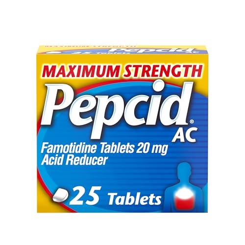 Pepcid AC Maximum Strength Heartburn Relief Tablets, OTC Medicine Prevents & Relieves Heartburn Due to Acid Indigestion, 20mg Famotidine Acid Reducer, Fast-Acting, 25 Ct