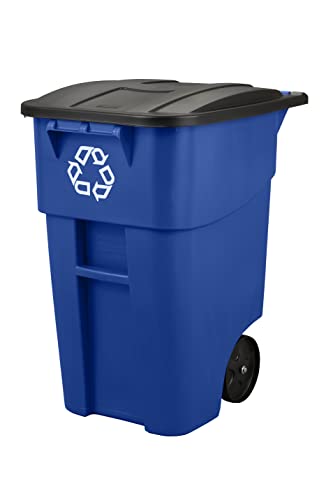 Rubbermaid Commercial Products BRUTE Rollout Heavy-Duty Wheeled Recycling Can/Bin, 50-Gallon, Blue Recycling, for Restau