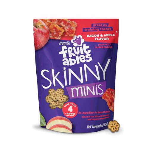 Fruitables Skinny Mini Dog Treats, Healthy Sweet Potato Treat for Dogs, Low Calorie & Delicious, Puppy Training, No Wheat, Corn or Soy, Made in the USA, Bacon and Apple Flavor, 5oz