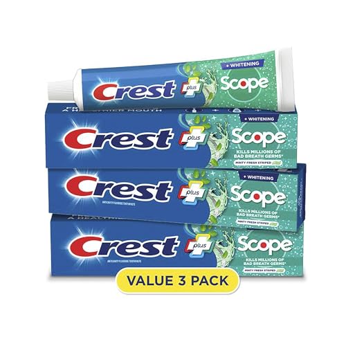 Crest + Scope Whitening Toothpaste - Pack of 3, 5.4 Oz Tubes - Anticavity Fluoride Toothpaste, Fresh Breath, Kills Germs - Tartar Protection, Enamel Protection - Minty Fresh Flavor