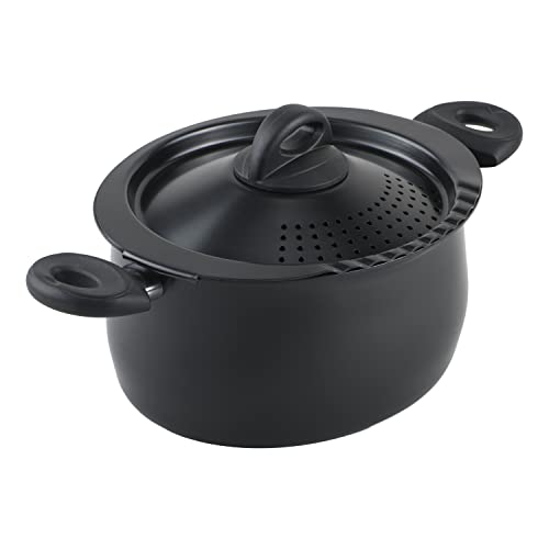 Bialetti 5.5-Quart Nonstick Aluminum Pasta Pot with Strainer Lid and Handles, PFOA-Free Nonstick Oval Cooking Pot and Lid, Black