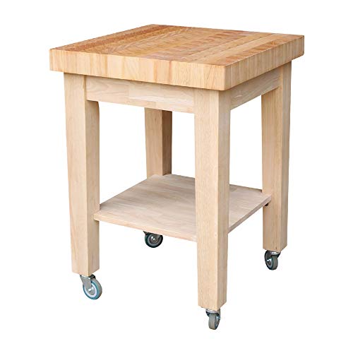IC International Concepts 33" H Island Fixed Shelves and 4 Casters Rolling Kitchen Cart on Wheels with Storage, Sturdy Solid Parawood, Traditional Design, Unfinished