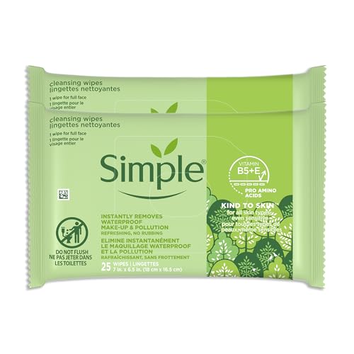 Simple Kind to Skin Facial Wipes Gentle and Effective Makeup Remover Cleansing Free from color and dye artificial perfume and harsh chemicals, 25 Count (Pack of 2)