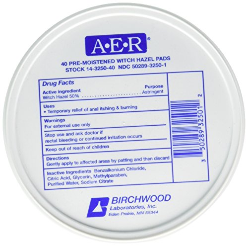 Birchwood Laboratories A-E-R Pre-Moistened Medicated Cooling Witch Hazel Pads For Hemorrhoid & Postpartum Relief, 40 Count