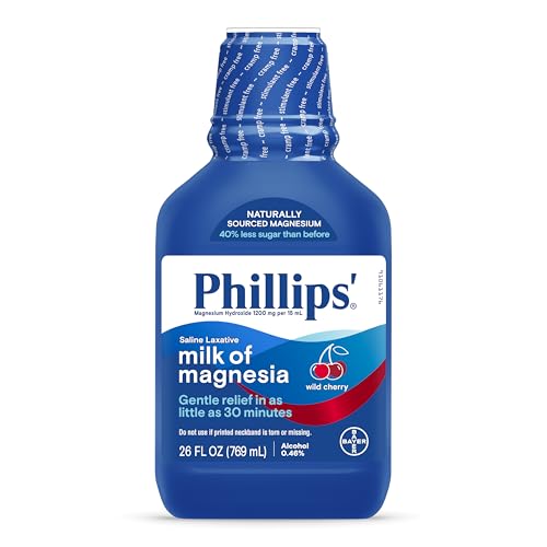 Phillips’ Milk of Magnesia Liquid Laxative, Wild Cherry Flavor, Stimulant Free, Cramp Free Relief of Occasional Constipation*, Effective in 30 minutes - 6 hours, #1 Milk of Magnesia Brand, 26 oz