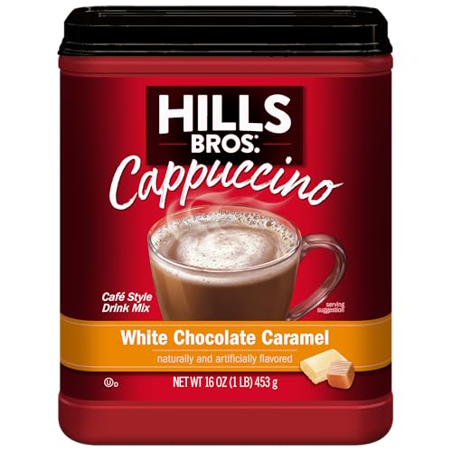 Hills Bros. Instant Cappuccino Mix, White Chocolate Caramel (16 Oz, Pack of 1) – Convenient and Versatile, Instant Hot or Iced Coffee, Frothy & Rich White Chocolate Caramel Flavor - Just Add Water