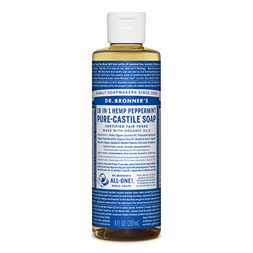 Dr. Bronner's Pure-Castile Magic Liquid Soap (Peppermint, 8 Ounce)- Made with Organic Oils, 18-in1 Uses: Face, Hair, Hand & Body Soap, Laundry, Pets- Concentrated, Vegan, Non-GMO