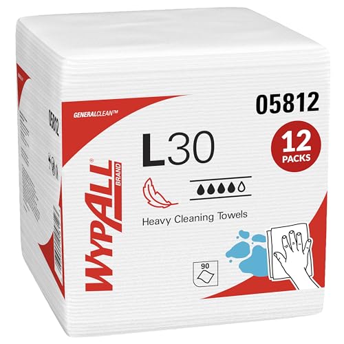 WypAll GeneralClean L30 Cloths Heavy Duty Cleaning Wipes (05812), Quarterfold, Strong and Soft Bulk Paper Wipers, White (12 Packs of 90 Sheets, 1,080 Sheet Total)