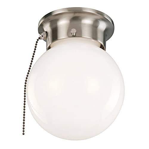 Globe Flush Mount Ceiling Light, Satin Nickel Finish, Opal Glass Shade, Dimmable, for Bedroom, Hallway, Closet – Design House, 519272