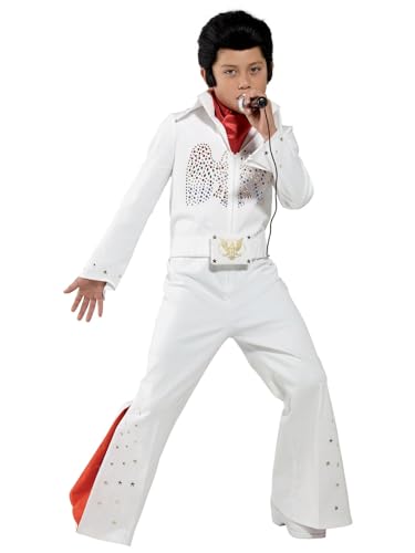 Smiffys Elvis Costume in White for Kids, Jumpsuit and Scarf, Officially Licensed, All-in-One White Jumpsuit with Sequin Detail and Flared Trouser Red Insert, Perfect for Fancy Dress