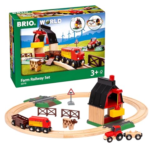 BRIO World Farm Railway Set - 20-Piece FSC-Certified Wood Train Set & Accessories - Works with All BRIO Wooden Railway Sets - Includes Barn, Tractor, Hay Crane, Tracks & More - Fun for Kids Ages 3+