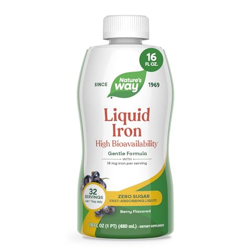 Nature's Way Liquid Iron, 100% Daily Value, 18 mg Iron as Ferric Glycinate per Serving, No Sugar Added, Berry Flavored, 16 Fl Oz (Packaging May Vary)