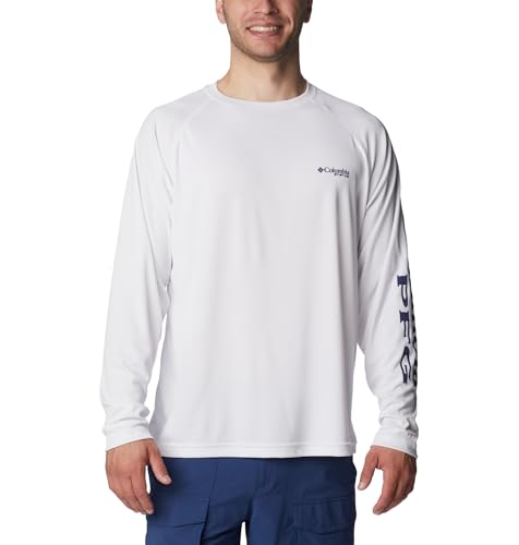 Columbia Men's Terminal Tackle Long Sleeve Fishing Shirt, White/Nightshade Logo, X-Large