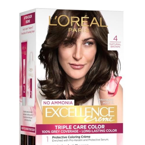 L'Oreal Paris Excellence Creme Hair Color, 4 Natural Brown, 72ml+100g | Net Wt: 72ml+100g | Triple Care Color System | 100% Grey Coverage