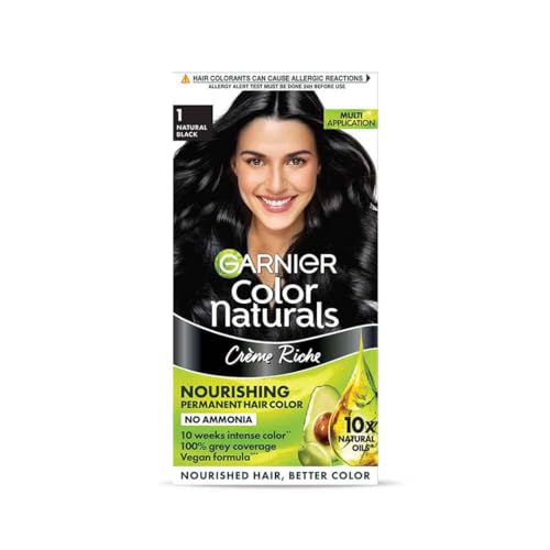New Garnier Color Naturals infused with Keratin Shade 1 Natural Black Ammonia-Free Permanent Hair Color | 10X Natural Oils + Keratin Serum | 100% Grey