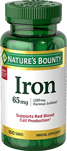 Nature’s Bounty Iron 65mg, 325 mg Ferrous Sulfate, Cellular Energy Support, Promotes Normal Red Blood Cell Production, 1 Serving Per Day, Gluten Free, 100 Vegetarian Tablets