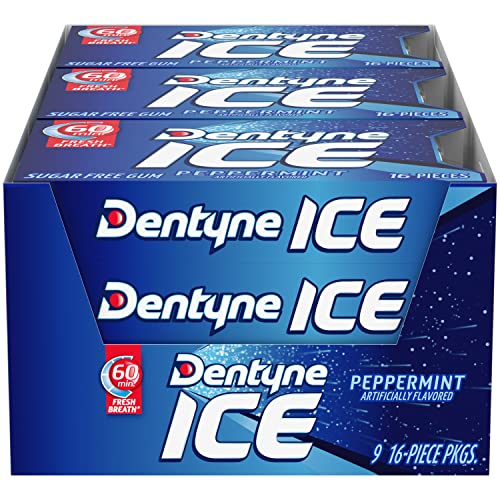 Dentyne Ice Peppermint Sugar-Free Chewing Gum, 9 Packs of 16 Pieces (144 Total Pieces)