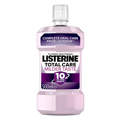 Listerine Total Care Mild Taste (Alcohol Free) Antibacterial Mouthwash (500ml), Fresh Mint Flavour with 6-in-1 Benefits, Helps Reduce Plaque and Freshens Breath